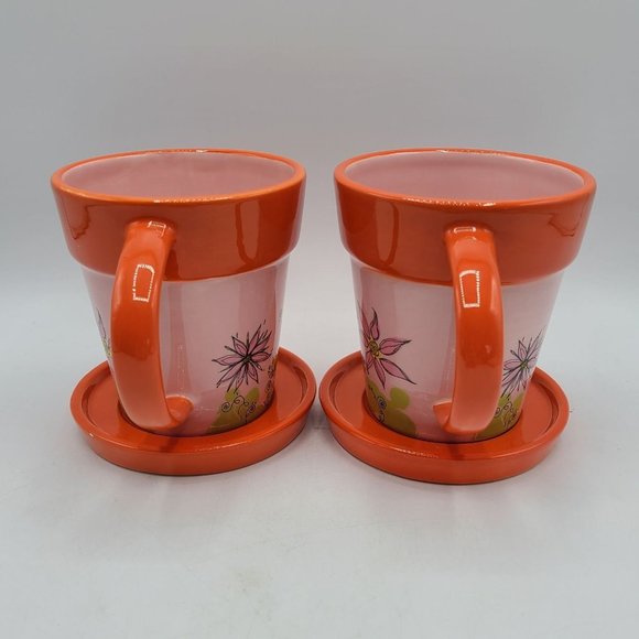 Starbucks 2006 Orange Spring Flower Planter Mugs and Saucers Set of 2 - Picture 3 of 9